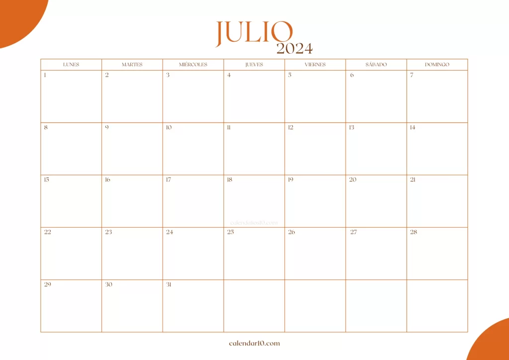 Calendarios Julio 2024 ️ para imprimir PDF