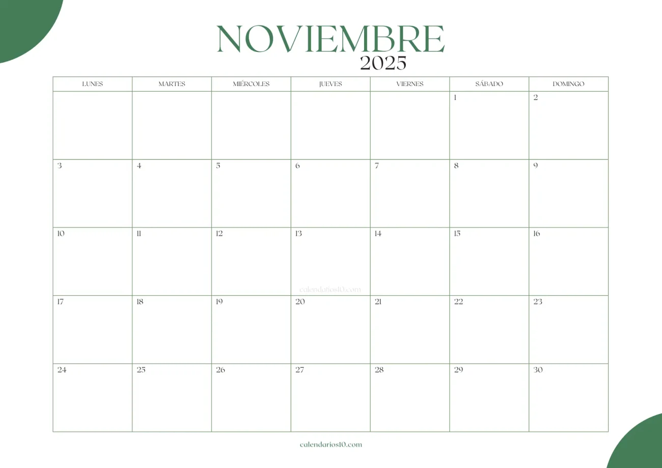 Calendario Noviembre 2025 verde